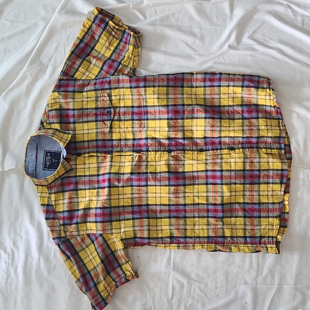 Monsieur Nicole Casual Fit yellow & blue large short sleeve button up shirt